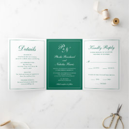 Invitación Tríptica Clásico Elegante Verde Esmeralda Boda