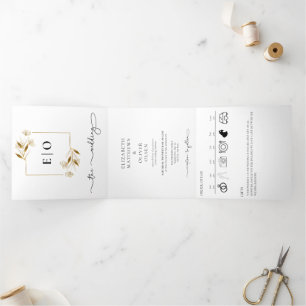 Invitación Tríptica Clásico moderno tradicional Boda blanco negro
