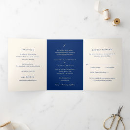 Invitación Tríptica Clásico Navy y Crema Elegante Todo en Uno Boda
