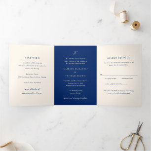 Invitación Tríptica Clásico Navy y Crema Elegante Todo en Uno Boda