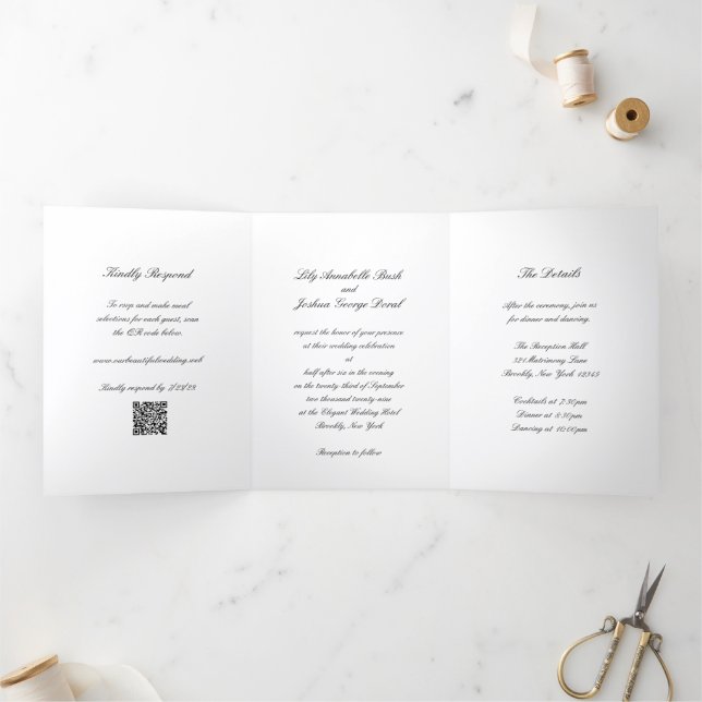 Invitación Tríptica Classic Black and White QR Code Timeless Wedding (Interior)