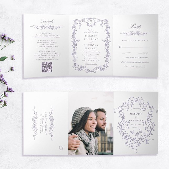 Invitación Tríptica Classic French Victorian Lavender Floral Wedding (Inside & Outside)
