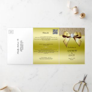 Invitación Tríptica Classy Gold Jewel Gem Bow QR Code Boda