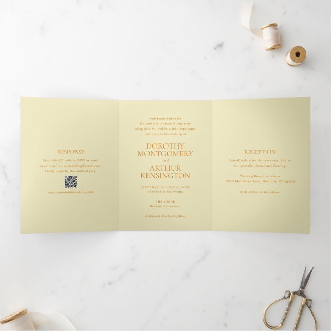 Invitación Tríptica Código QR Amarillo Mantequilla Moderno Elegante Bo (Interior)
