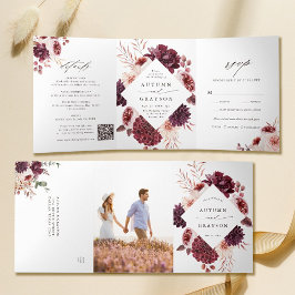 Invitación Tríptica Código QR Autumance Romance Boda de acuarela flora