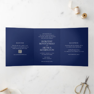 Invitación Tríptica Código QR Azul Marino Moderno Elegante Boda