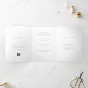 Invitación Tríptica Código QR Azul Polvoriento Limpio Elegante Boda