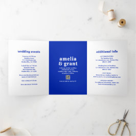 Invitación Tríptica Código QR Azul Zafiro Fuente Retro Boda Moderna