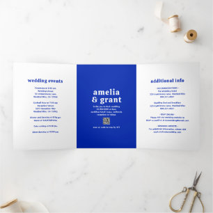 Invitación Tríptica Código QR Azul Zafiro Fuente Retro Boda Moderna