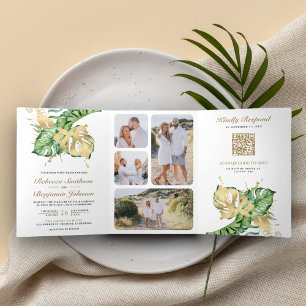 Invitación Tríptica Código QR Boda Palma Tropical Monstera Dorado