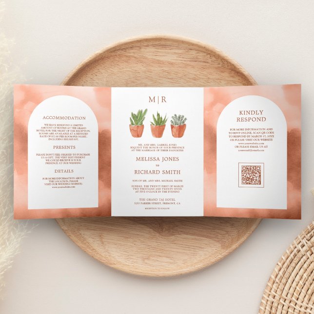Invitación Tríptica Código QR Bodas Cactus Desierto Arco Macetas Terra (Subido por el creador)