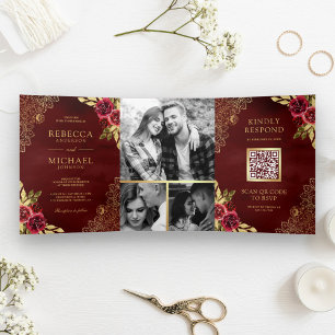 Invitación Tríptica Código QR Bodas Encaje Dorado Floral Granate Rojo