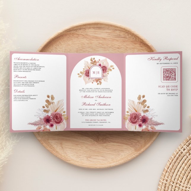 Invitación Tríptica Código QR Bodas Floral Rosa Granada Pampas (Subido por el creador)