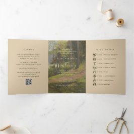 Invitación Tríptica Código QR Bosque Rústico Boda Elegante