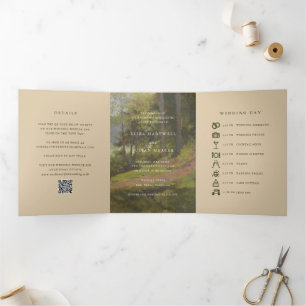 Invitación Tríptica Código QR Bosque Rústico Boda Elegante