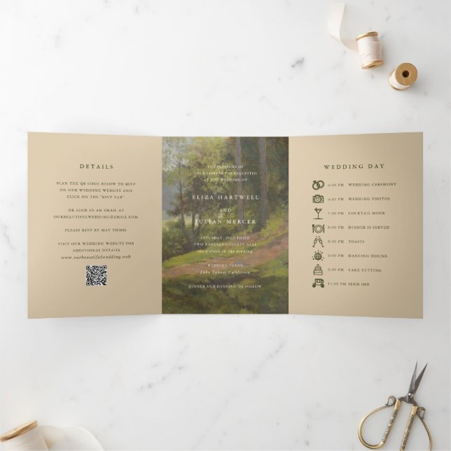 Invitación Tríptica Código QR Bosque Rústico Boda Elegante (Interior)