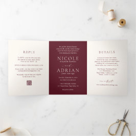 Invitación Tríptica Código QR Clásico Borgoña Boda Elegante