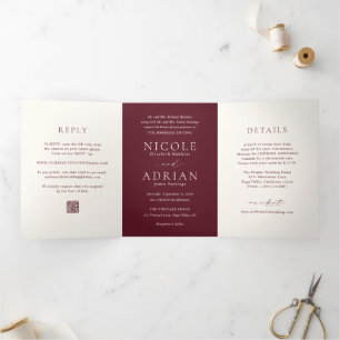 Invitación Tríptica Código QR Clásico Borgoña Boda Elegante