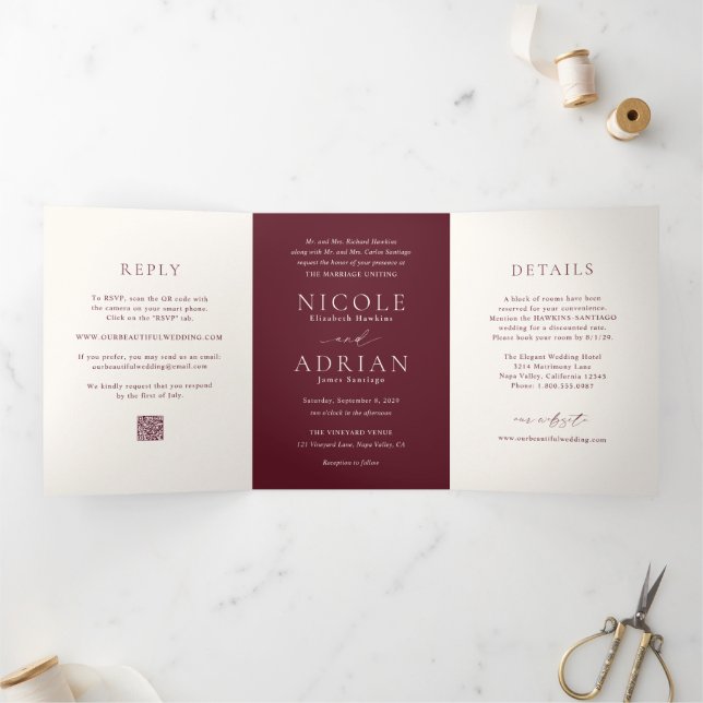 Invitación Tríptica Código QR Clásico Borgoña Boda Elegante (Interior)