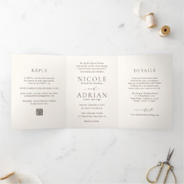 Invitación Tríptica Código QR Clásico Marfil Elegante Boda