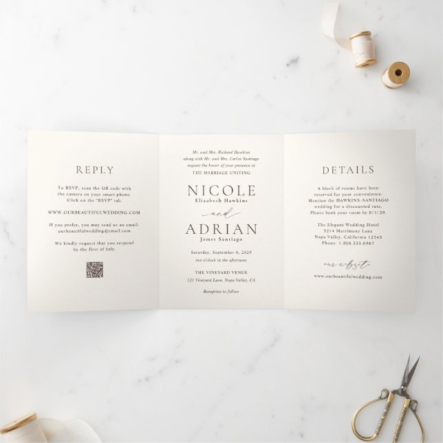 Invitación Tríptica Código QR Clásico Marfil Elegante Boda (Interior)