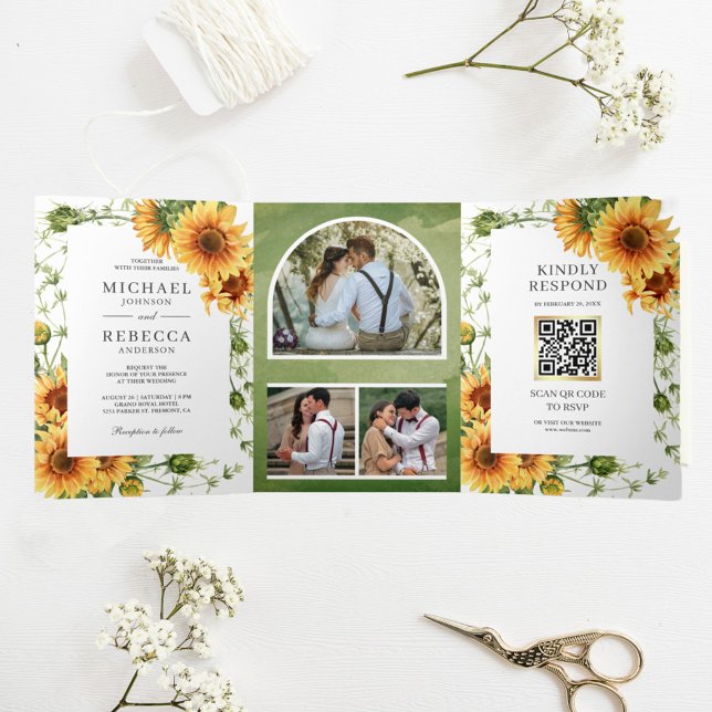 Invitación Tríptica Código QR de arco de fotos de girasoles rústicos p (Subido por el creador)
