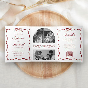 Invitación Tríptica Código QR de Arco Dibujado a Mano Roja Foto Boda