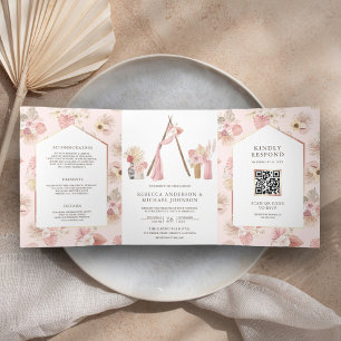 Invitación Tríptica Código QR de boda boho de playa floral rosa polvor