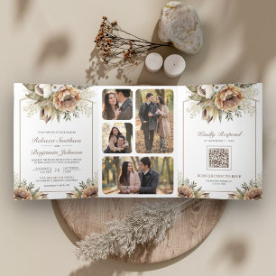 Invitación Tríptica Código QR de Boda Boho Neutral Terroso Floral Taup
