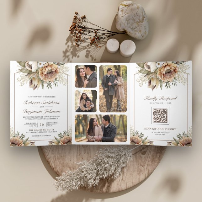 Invitación Tríptica Código QR de Boda Boho Neutral Terroso Floral Taup (Subido por el creador)