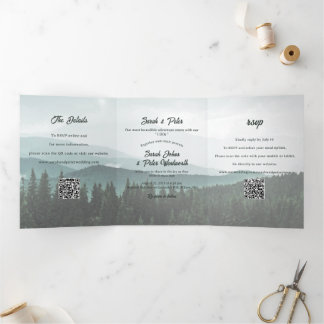Invitación Tríptica Código QR de Boda Bosque de Pinos Cordillera Rústi