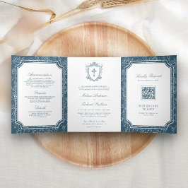 Invitación Tríptica Código QR de Boda Católica Azul Polvoriento Victor