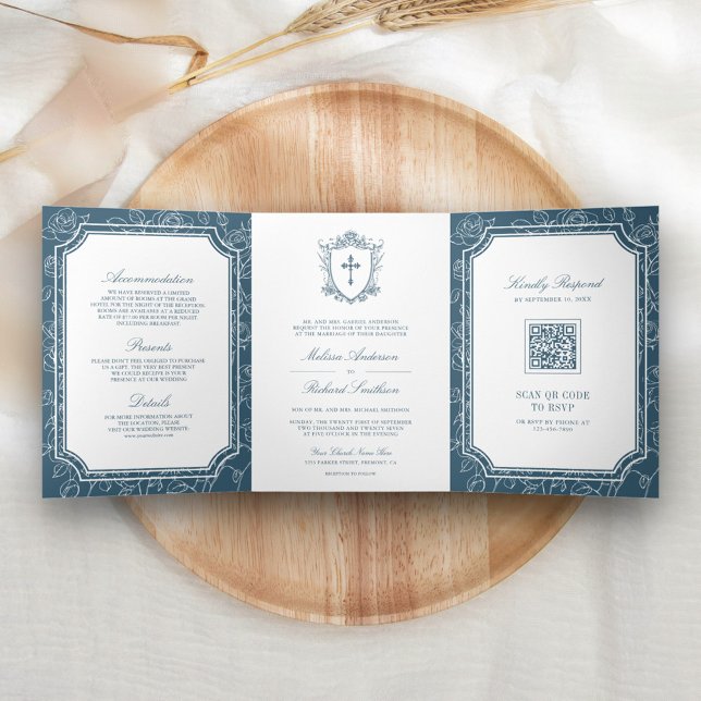 Invitación Tríptica Código QR de Boda Católica Azul Polvoriento Victor (Subido por el creador)