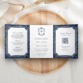 Invitación Tríptica Código QR de Boda Católica Azul Victoriano