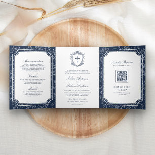 Invitación Tríptica Código QR de Boda Católica Azul Victoriano