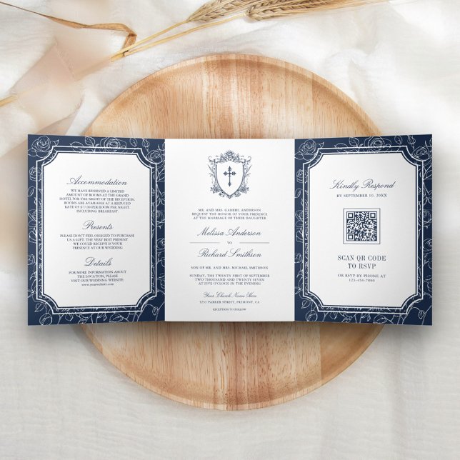 Invitación Tríptica Código QR de Boda Católica Azul Victoriano (Subido por el creador)