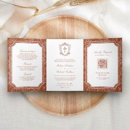 Invitación Tríptica Código QR de Boda Católica de Terracota Victoriana