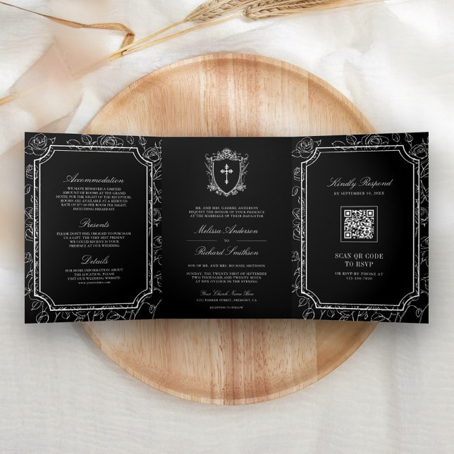 Invitación Tríptica Código QR de Boda Católica Negra Victoriana (Subido por el creador)
