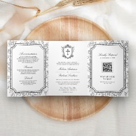 Invitación Tríptica Código QR de Boda Católica Victoriana en Blanco y