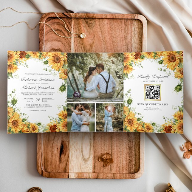 Invitación Tríptica Código QR de Boda con Colaje de Fotos de Girasoles (Subido por el creador)