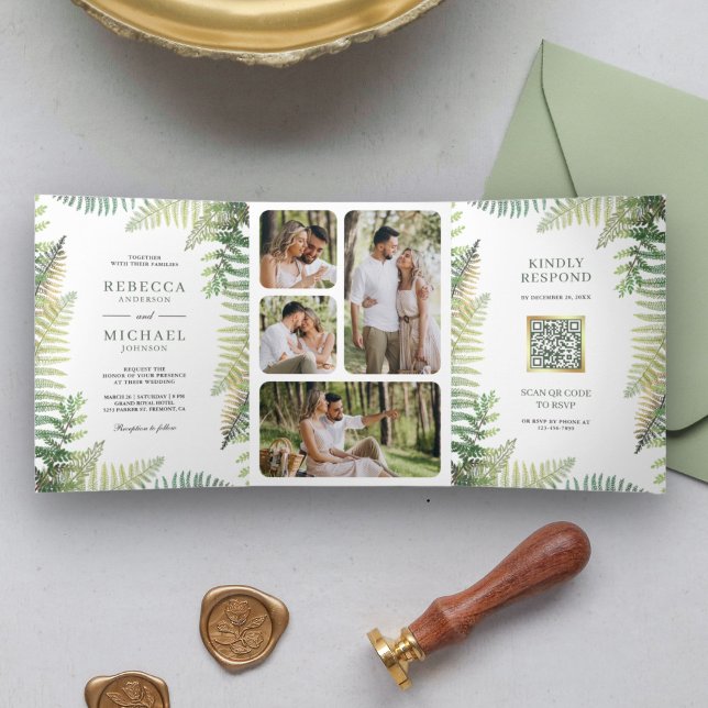 Invitación Tríptica Código QR de boda con collage de fotos de helechos (Subido por el creador)