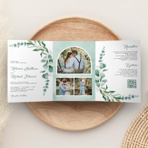Invitación Tríptica Código QR de Boda con Collage de Fotos de Rama de