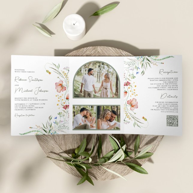 Invitación Tríptica Código QR de Boda con Colografo de Flores Silvestr (Subido por el creador)