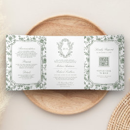 Invitación Tríptica Código QR de Boda con Cresta de Chinoiserie Verde 