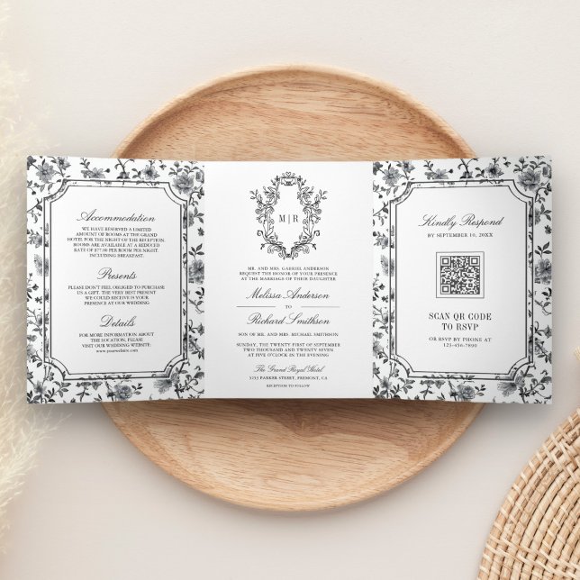 Invitación Tríptica Código QR de Boda con Escudo de Chinoisería en Bla (Subido por el creador)