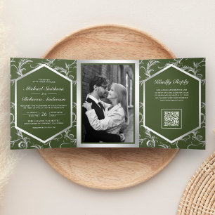 Invitación Tríptica Código QR de boda con floritura plateada en verde
