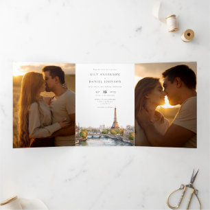 Invitación Tríptica Código QR de boda de 3 fotos de París Francia