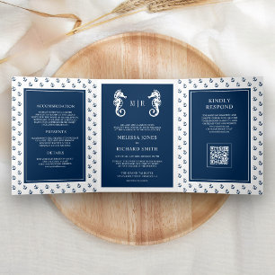 Invitación Tríptica Código QR de boda de ancla náutica azul oscuro y c