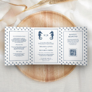 Invitación Tríptica Código QR de boda de ancla náutica azul y caballit