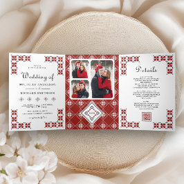 Invitación Tríptica Código QR de Boda de Bordado Ucraniano Rojo y Negr
